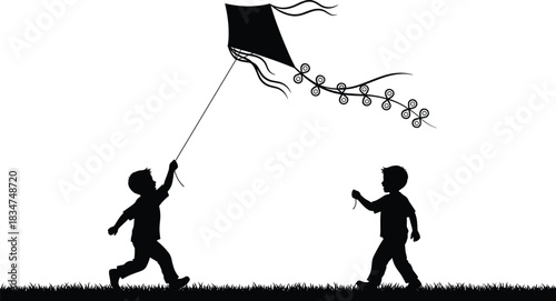 Silhouette of Two Young Boys Playing Outside and Flying a Decorative Kite with a Long Tail in the Air on a Grassy Horizon Vector Illustration for Childhood Joy.