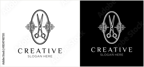 An elegant logo template featuring scissors in an ornate oval frame, shown on black and white backgrounds.