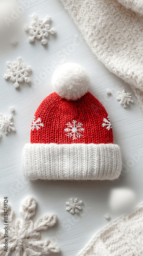 Top view of knitted red and white winter hat surrounded by decorative yarn snowflakes, flat lay Christmas crafting concept