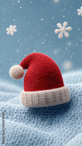 Cute knitted Santa hat resting on a soft blue snow blanket, Christmas winter holiday background with falling snowflakes, 3D render