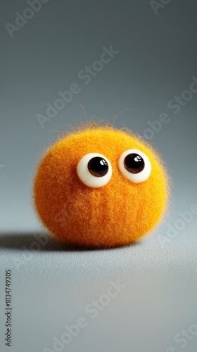 Cute fuzzy orange pom pom character with big eyes, abstract mascot 3D render isolated on gray background