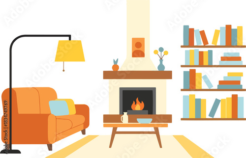 Cozy living room illustration with armchair fireplace lamp and colorful bookshelf