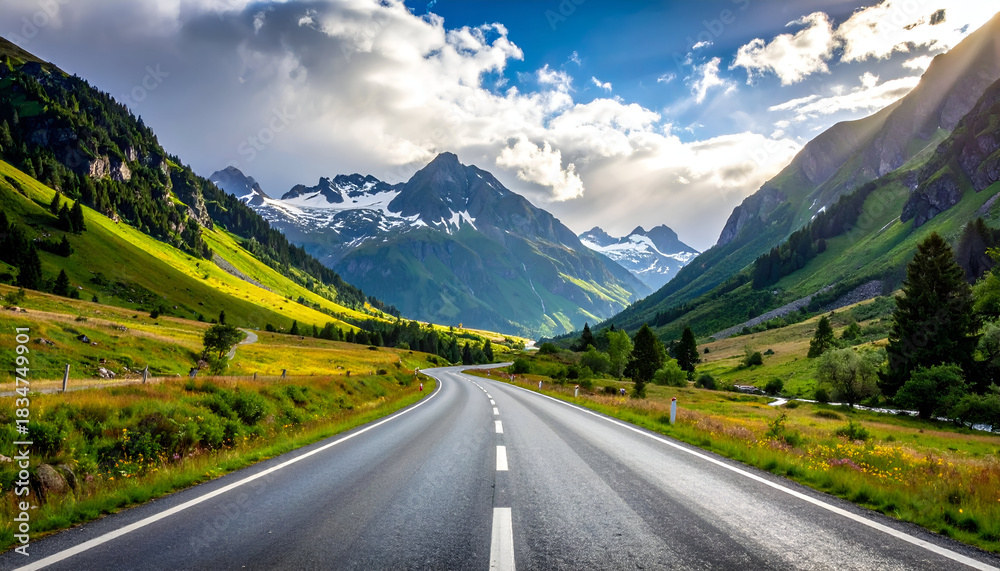 Fototapeta premium Open road through mountain valley, freedom and road-trip feeling