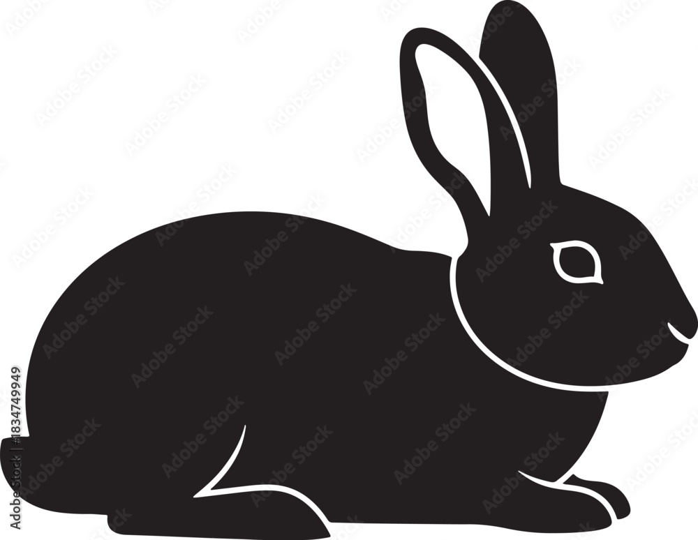 Fototapeta premium Black rabbit silhouette lying down, a graphic vector illustration of a domestic or wild hare isolated on a white background.