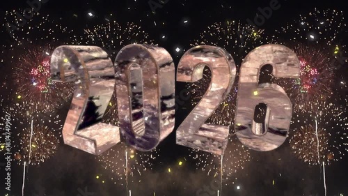 キラキラ輝く2026年 Happy New Year の金属系3dテキスト　新年・正月・お祝い・イベントのシンボル　盛大にあがる花火の背景　