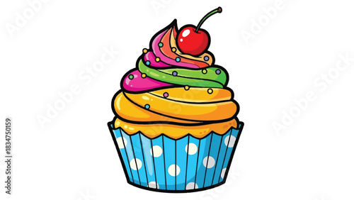 Colorful Swirled Icing Cupcake with Cherry on Top.