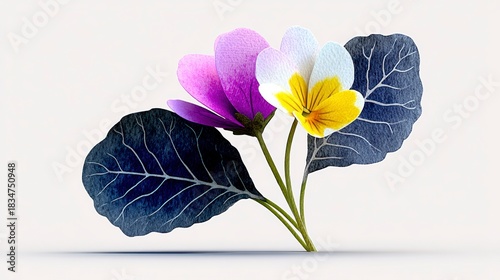 Two watercolor flowers one purple and one yellow and white with dark blue leaves on a light background
