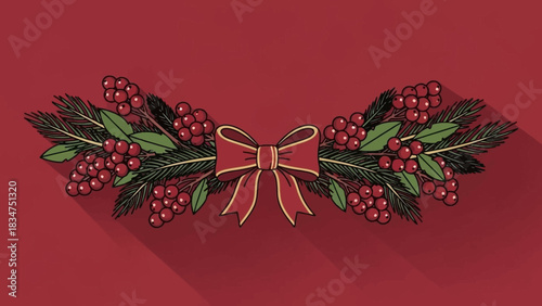 Festive holiday cheer with delightful evergreen boughs, bright red berries and a classic bow, perfect for adding seasonal warmth to your designs