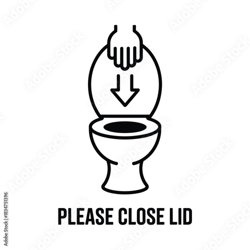 Illustration of a hand closing a toilet lid with text
