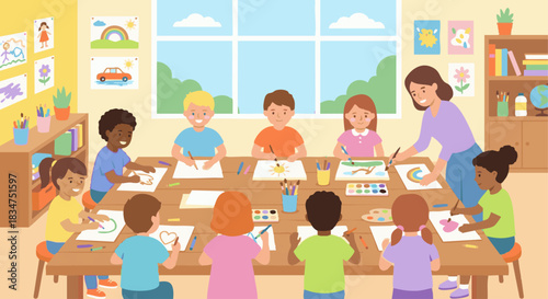 “Flat-style art class with children drawing and painting at a group table, bright harmonious palette.”