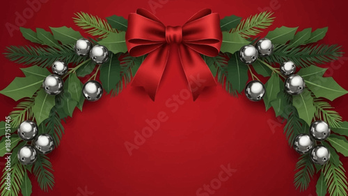 Elegant Christmas holiday background featuring a vibrant red bow, jingle bells, and festive greenery for cards, banners, and seasonal promotions