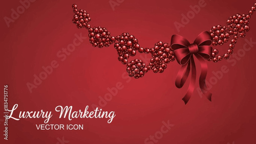 Elegant ruby beads and ribbon on deep red, perfect for sophisticated holiday promotions or upscale branding with a touch of festive charm and luxury