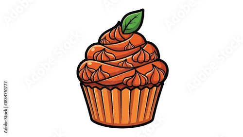 Delicious Orange Cupcake with Green Leaf Topping Isolated on White Background.