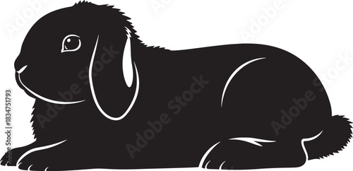 Silhouette of a cute lying rabbit vector illustration, an adorable domestic animal or wildlife bunny resting in a peaceful pose, symbol of easter.