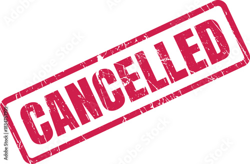 A crimson CANCELLED rubber stamp impression shows a grungy texture against a transparent backdrop