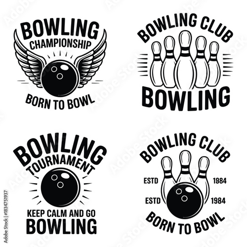 Vintage bowling club and championship badges with pins and ball