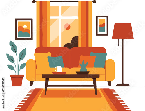 Flat illustration of a living room with an orange and yellow sofa rug and window
