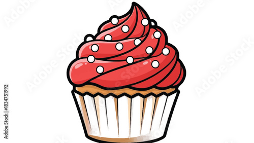 Delicious Red Frosted Cupcake with White Sprinkles.