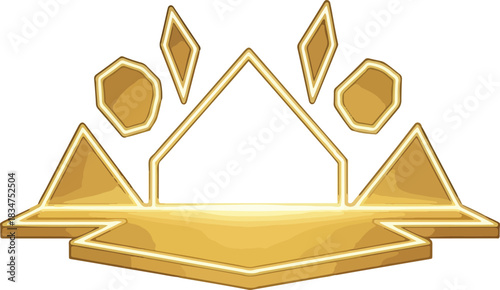 Golden geometric stage frame with floating gem shapes against white background