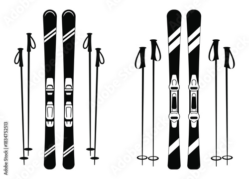 Black and White Skiing Equipment Illustration with Skis and Poles Ready for Winter Sports and Activities in the Mountains