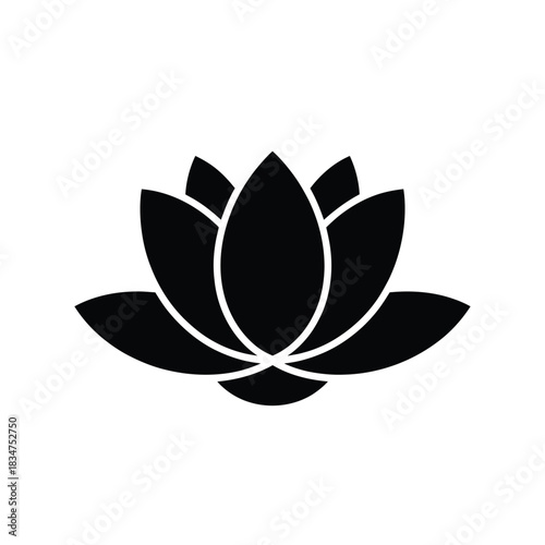 Simple black silhouette of a lotus flower on white background