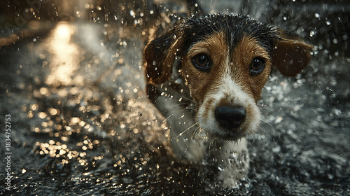 Fototapeta Naklejka Na Ścianę i Meble -  Wet dog in rain with water droplets splashing around, close up of small brown and white puppy looking curiously, capturing playful and lively mood in outdoor setting