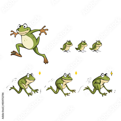Cartoon frog jump sequence motion sprite sheet. Vector hoptoad full cycle leap in action captures energetic movement from the toad initial crouch to high-flying jump and graceful landing chasing a fly