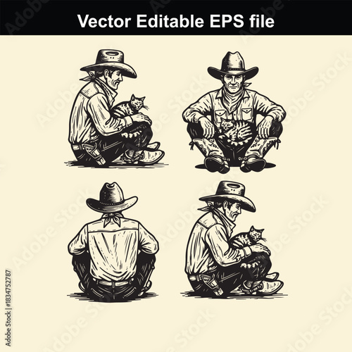 four views of a cowboy sitting down and holding a small cat, presented as a vector editable eps file illustration in black and white style