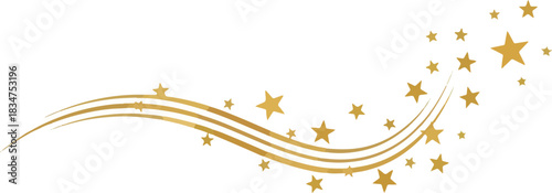 Golden swirling lines and scattered stars against a white background