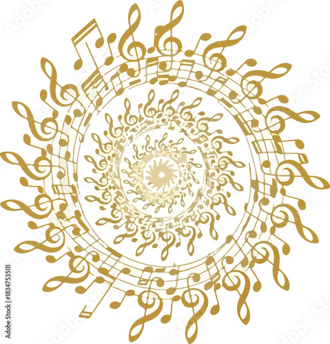 Golden musical mandala composed of treble clefs and notes arranged circularly