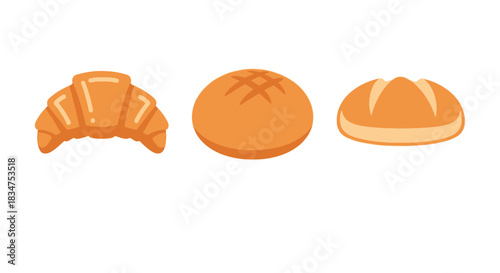 Three Cartoon Baked Goods - Croissant, Round Bun, and Bread Roll.