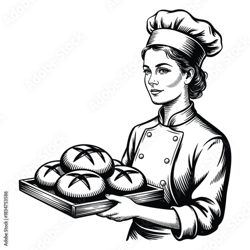 Baker woman holding freshly baked bread loaves on a tray