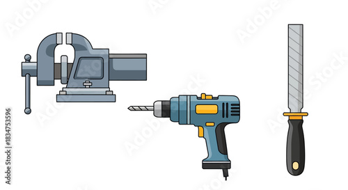 Tools for Metalworking - Bench Vise, Cordless Drill, and Metal File.