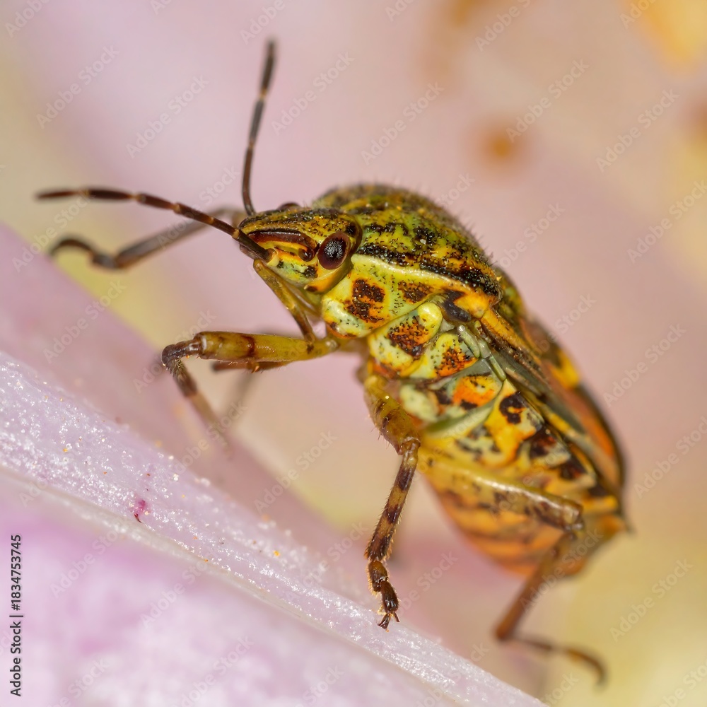 Naklejka premium A close-up view of a small, patterned insect on a soft pink surface. The creature is detailed and colorful