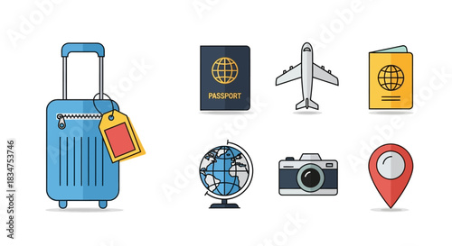 Travel Essentials - Suitcase, Passport, Airplane, Globe, Camera, and Location Pin.