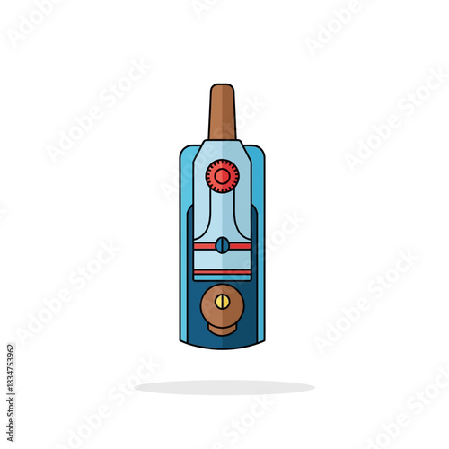 Stylized vintage walkie-talkie illustration with light blue body, brown antenna, red button, and circular dial.