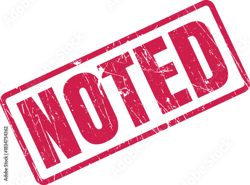A vivid red noted stamp sits diagonally against a clean white backdrop prominently