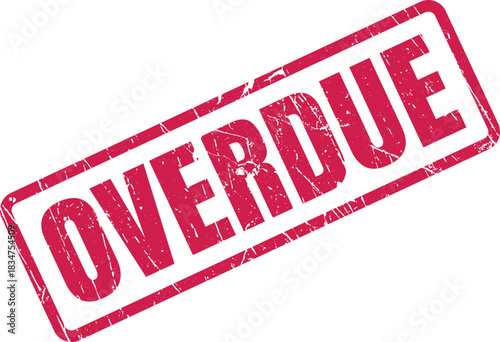 Bright red overdue stamp with grunge texture diagonally set against a plain white background