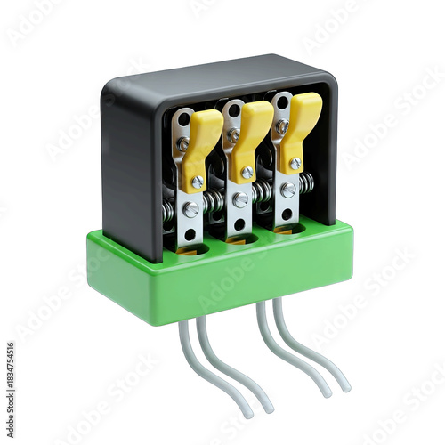 Electrical Three Gang Switch With Yellow Levers Green Base And Wires Isolated On Black Background With Studio Lighting And Sharp Focus