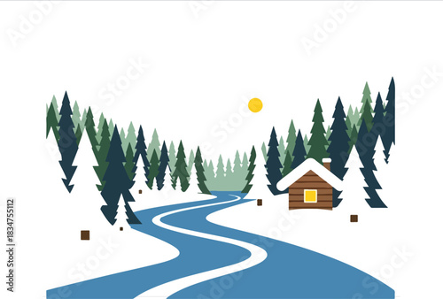 Minimalist winter landscape with winding blue river evergreen forest and log cabin