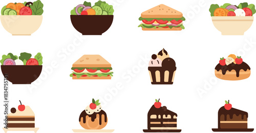 A collection of colorful flat design vector food icons featuring healthy meals like salads and sandwiches, and sweet desserts like cakes and cupcakes