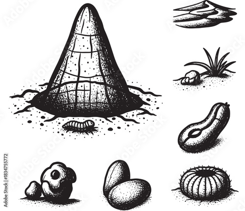 Intricate hand-drawn desert landscape featuring an antlion trap, dune, desert plants, and unique rock formations, perfect for adding a vintage or natural history feel to your next project