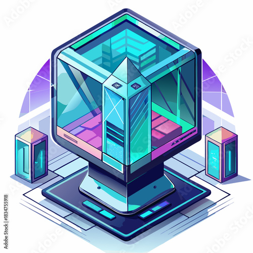 Futuristic server room illustration with vibrant colors and geometric design elements. futuristic server room