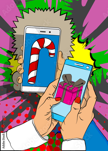 Cartoon Smartphone, comic book Telephone with Gift Box and Candy cane. Retro vector comics pop art design.