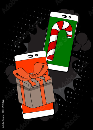 Cartoon Smartphone, comic book Telephone with Gift Box and Candy cane. Retro vector comics pop art design.