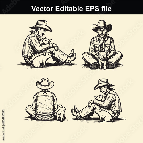 vector editable eps file featuring four illustrations of a smiling cowboy sitting and interacting affectionately with small piglet animals in a vintage sketch style