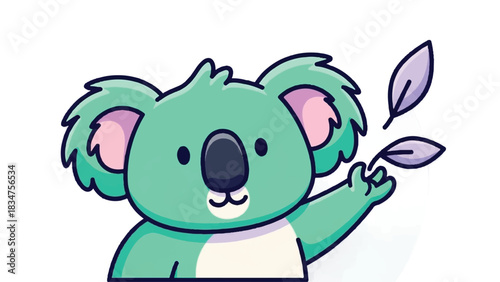 Cute cartoon koala bear holding leaves with a friendly expression.