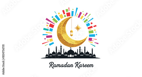 Ramadan Kareem greeting design with a golden crescent moon, hanging lantern, and a mosque silhouette against a colorful background.