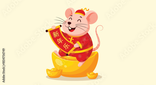 Cute cartoon rat in traditional Chinese clothing sitting on a gold ingot and holding a scroll for the Chinese New Year celebration.