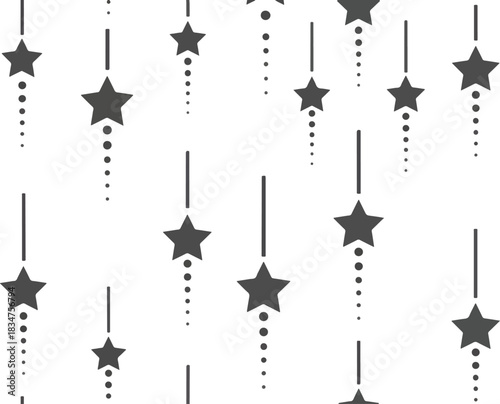 Repeating pattern of dark gray stars hanging from vertical lines with dotted trails on white